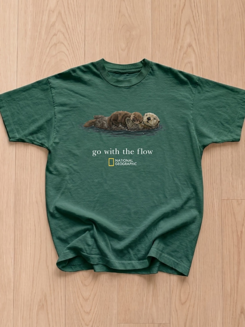 Gildan Green T-Shirt with Otter Graphic and 'Go With The Flow' Text
